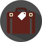 Icon Koffer mit Schild grau, weiß, weinrot.